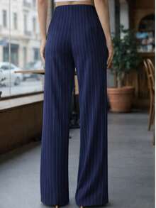 Pantalón Pinzas al Frente y Pierna Amplia.  Tela Stretch. - Azul marino Rayas - Ver 2