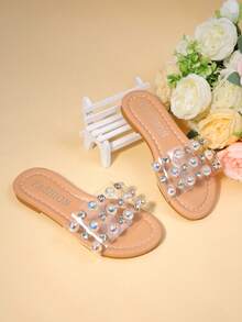 1 Pair Girls' Nude Transparent Sandals With Rainbow Diamond Decor, Open Toe Flat, Comfortable Sparkling, Sweet And Ethereal, Suitable For Summer Street Wear - Clear - View 5