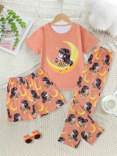 3pcs/Set Tween Girls Casual Cartoon Girl, Star, Moon, Lantern Print Round Neck Short Sleeve Tee And Shorts, Pants Children Ramadan Sleepwear Set, Flame Retardant, All Season