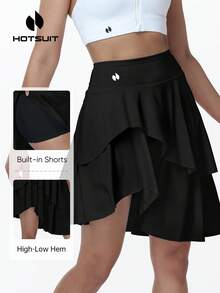 HOTSUIT 女款網球裙，不對稱下擺，內建短褲－修身設計適合快速運動，附口袋－適合網球、羽球與健身 - 黑色 - 查看 1