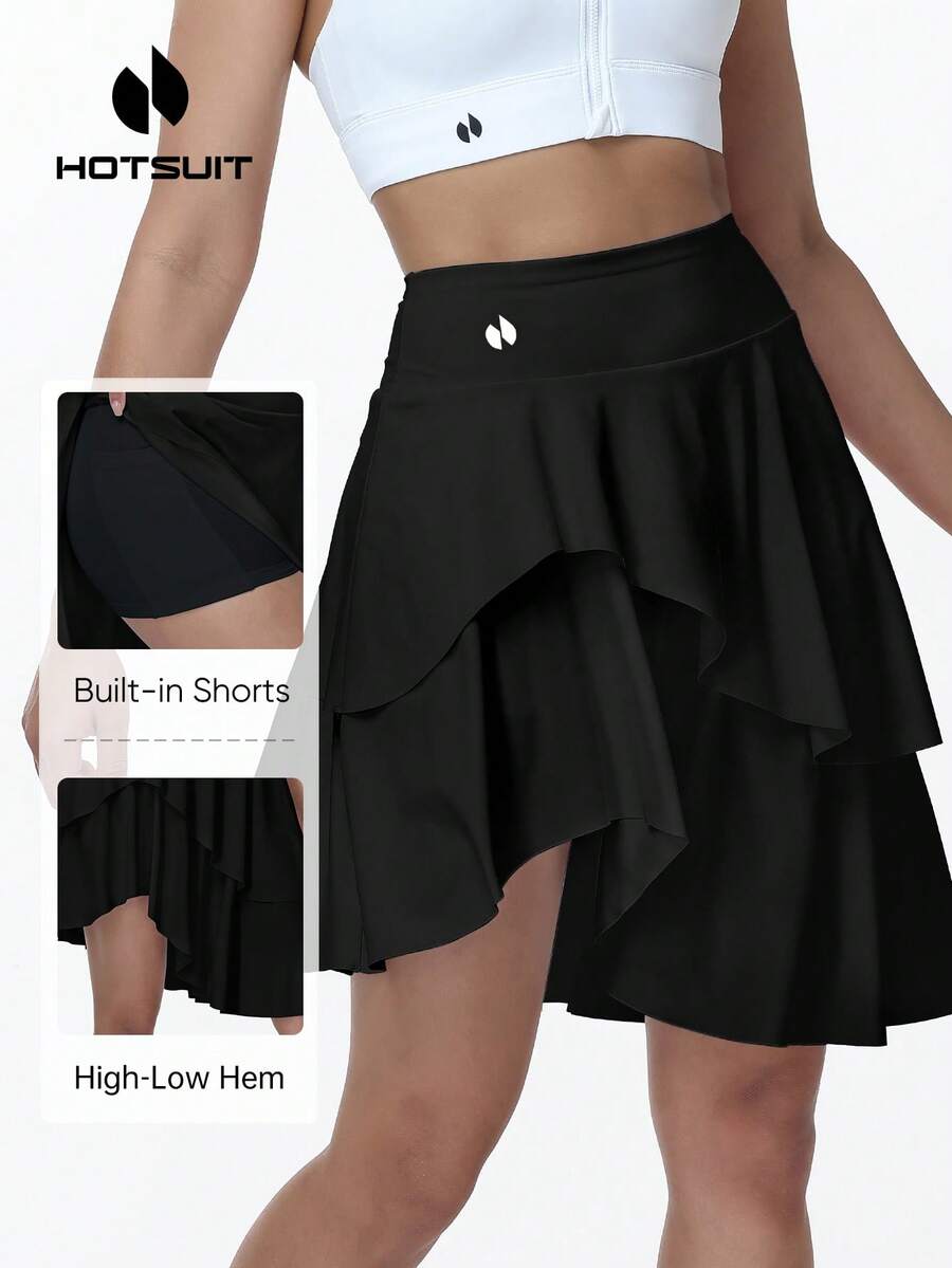 HOTSUIT 女款網球裙,不對稱下擺,內建短褲-修身設計適合快速運動,附口袋-適合網球、羽球與健身 - 黑色 - 查看 1