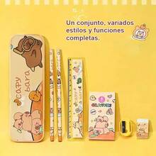 Juego de papelería infantil (incluye estuche): 5 piezas de papelería con dibujos animados (lápiz, borrador, sacapuntas, regla y cuaderno) | Ideal para la vuelta al cole, regalos y tareas escolares. - Caqui - Ver 5