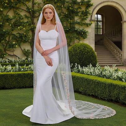 1pc Colorful Floral Lace Trim Bridal Veil, Elegant Long Train Wedding Photography Headpiece With Hair Comb