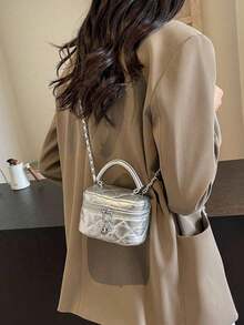 1pc Women Mini Handbag, Fashion Solid Color Embroidered Rhombus Pattern Crossbody Bag Fits Cards & Keys - Silver - View 4