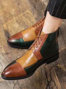 Men's Leather Color-Block High-Top Oxford Boots Fashion British Style Pointed Toe Lace Up Ankle Boots Casual Formal Business Wedding Dress Shoes - Xanh nâu - Xem 7