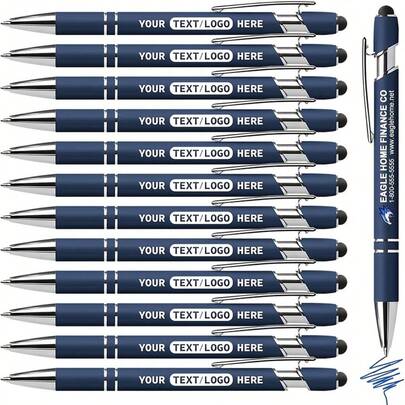 12pcs Blue Ink Customized Pens, Metal Printed Name/Logo/Text, Great Gift For Office, Teachers And Students
