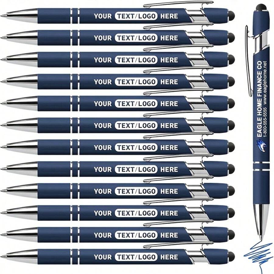 12pcs Blue Ink Customized Pens, Metal Printed Name/Logo/Text, Great Gift For Office, Teachers And Students - Sets - View 1