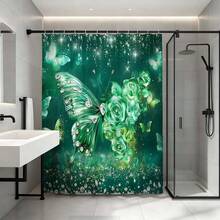 翡翠蝴蝶玫瑰闪亮钻石印花浴帘 180x180cm 涤纶防水防霉加厚可水洗梦幻浪漫风格浴室隔断帘奢华闪光花卉浴帘家居酒店公寓浴室装饰必备少女心浴室配件 - 寶石綠 - 查看 10