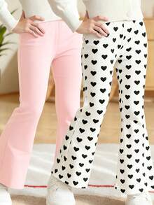 2pcs/Set Young Girl Pants, Heart Print & Solid , Fashion Matching, Sister Set - Baby Pink - View 1