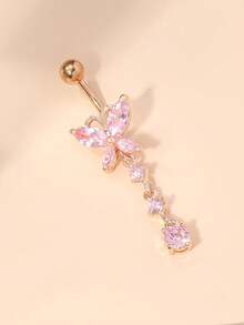 1枚锆石蝴蝶肚脐环 - 粉色 - 查看 2