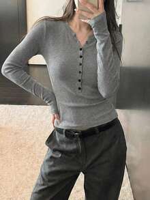 Women's Solid Gray Casual Long Sleeve Fitted Button-Up Cardigan, Spring/Summer - Grey - View 5