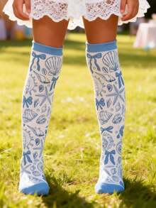 1 Pair Cute Summer Beach Shells Starfish Bow Tie Knee High Socks For Kids, Cute Princess Over The Knee Socks, Back To School Boys Girls Running Athletic Sports Socks, Firthday Birthday Valentine Day Gift - Multicolor - View 4