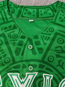 KTYSDE Unisex Mexico Baseball Jersey, Mexico Letter Embroidery Design, Loose V-Neck Short Sleeve Button Cardigan Sportswear Top, Suitable For Sports And Casual Street Style, Latin Culture Themed Party - 綠色 - 查看 5