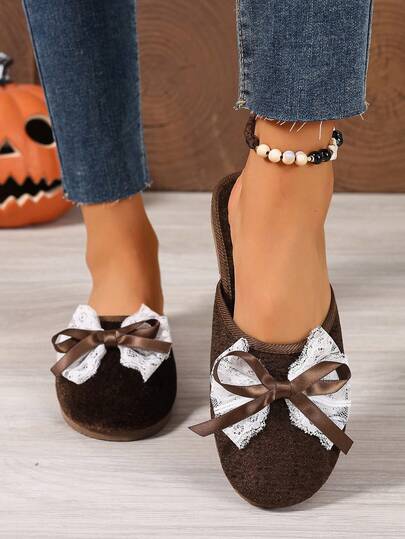 Spring/Autumn New Bow Decor 3D Applique Slippers, Flat Slip-On Sandals Suitable For Indoor & Outdoor, Fashion Closed Toe Slides