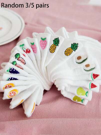 Random 3/5 Pairs Of Women's Short Socks, Low-Cut Spring And Summer Thin Short Tube Socks, Fruit Embroidery, Cute Japanese-Style Girl Student Socks