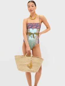 2026 Summer Beach Allover Print Backless One Piece Swimsuit,Elegant,Valentine's Day,Beach,Vacation,Carnival,Casual,Chic,Summer Outfits,Summer Holiday Outfits,Spring,Valentine Outfits For Women,Carnival. - Màu xanh lam - Xem 2