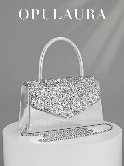 1个 OpulAura 银色亮片奢华手提包，时尚优雅的女士钱包，适合搭配正式礼服、婚纱、正式活动、婚礼和派对。