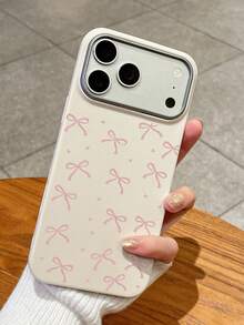 Cute Sweet Style Pink Bow Heart Print Phone Case, Simple Large Hole Soft TPU Anti-Drop White Phone Protective Cover, Compatible With IPhone - White - View 4