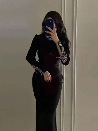Black High Neck Long Sleeve Rhinestone Slit Bodycon Maxi Dress, Elegant For Women's Ball, Wedding, Birthday, Graduation Ceremony