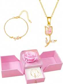 Pink Fresh Jewelry Gift Box, Fashionable And Sweet Tulip Flower Shaped Necklace And Bracelet Set, Sparkling Necklace And Bracelet, Suitable For Giving To Your Girlfriend, Friends, And Yourself On Valentine's Day And Christmas As Holiday Gifts - Multicolor - View 12