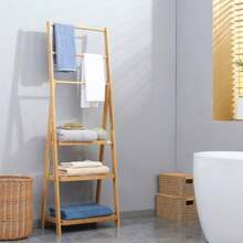 Folding Towel Rack In Natural Bamboo, 53 X 30.5 X 152 Cm, With 3 Bars And 3 Shelves. Space-Saving. Dimensions: 53 X 30.5 X 152 Cm. - Ginger - View 2