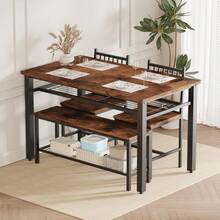 Juego de mesa y sillas de cocina para 4 personas, mesa de comedor moderna de 120 cm con banco y sillas, estante de almacenamiento y estructura de metal, ideal para ahorrar espacio en el comedor, la cocina o el apartamento. - Marrón - Ver 2