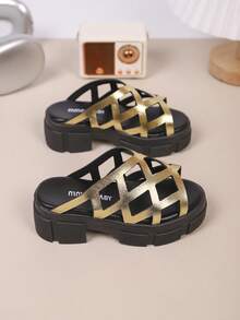 Kids Fashion Slippers, New Summer Thick Sole Mesh Hollow Design Fashionable & Breathable Children Slides - Gold - View 3