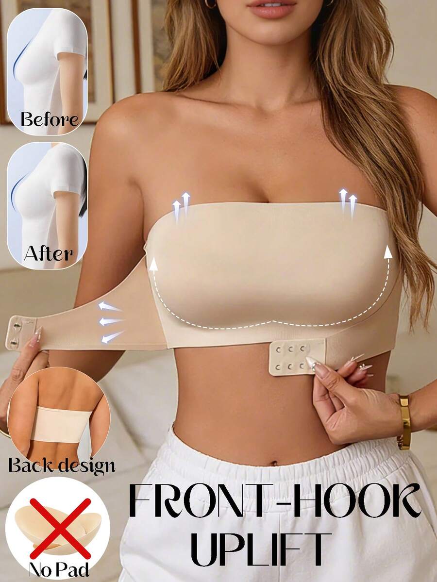 女士无肩带无缝前扣无钢圈防滑性感抹胸吊带文胸，隐形无钢圈半罩杯连体内衣 - 杏色 - 查看 1