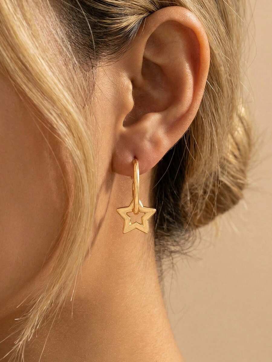 1 Pair Minimalist Pentagram Earrings, Suitable For Everyday Wear - Gold - View 1