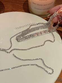 1 pieza Nuevo collar de gargantilla con múltiples filas de rhinestones sexy 2026, collar largo, cadena para el Body - Plateado - Ver 7