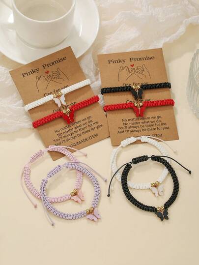 2pcs/Set Acrylic Butterfly Pendant Adjustable Braided Bracelet, Suitable For Friends, Family, Couples, Daily Wear