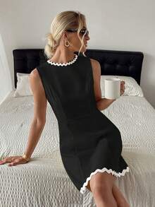 优雅黑色无袖荷叶边A字中长连衣裙，适合复古时尚派对和办公室穿着 - 黑色 - 查看 1