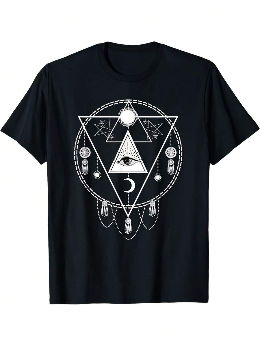 Camiseta para hombre con símbolo de misterio y ojo omnisciente - 100% algodón, 180 g de peso - Diseño de Providence Omniscient Eye y sol y luna - Camiseta informal de cuello redondo adecuada para uso diario y - Negro 31 - Ver 1