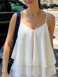 Áo hai dây nữ mùa hè mới, màu trơn, nhiều lớp, xếp ly, cài nút phía trước, thích hợp cho kỳ nghỉ, mặc hàng ngày, hẹn hò, đi chơi. - Màu be - Xem 3