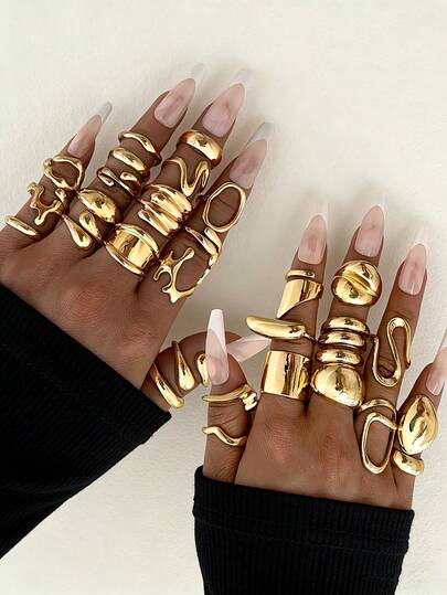 29/15/14/5pcs Vintage Elegant Bohemian Style Women Metal Asymmetrical Geometric Hollow Water Drop Gold Color Ring Set, Suitable For Daily Wear And Holiday Gifts