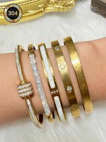Znice 18K Gold Plated Stainless Steel Women's Fashion Bracelet Set: 5-Petal Flower Bracelet, 4-Leaf Clover Rhinestone Bracelet, High-Quality Crystal 4-Leaf Clover Bracelet. Waterproof, Fade-Resistant, Suitable For Daily Wear, Parties, Gifts For Friends And Family, Valentine's Day, Christmas, And Other Occasions - Gold - View 3