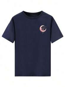 Camiseta larga casual negra para mujeres con estampado de letras de luna y estrellas, cuello redondo, manga corta para primavera y verano, camiseta de moda de primavera, diseño, textura suave, estilo de ropa urbana, camiseta larga, tela ligera, camiseta básica, para mujeres - Negro - Ver 11