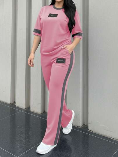 2pcs Women's Spring/Autumn Round Neck Short Sleeve T-Shirt And Elastic Waist Loose Pants Set, Casual Daily Wear