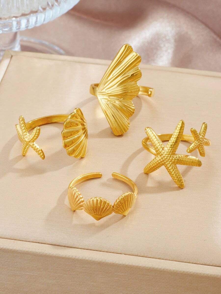 2件/4件套时尚海星贝壳不锈钢戒指套装，女士珠宝配饰，适合休闲和度假风格 - 海洋系列 - 查看 1