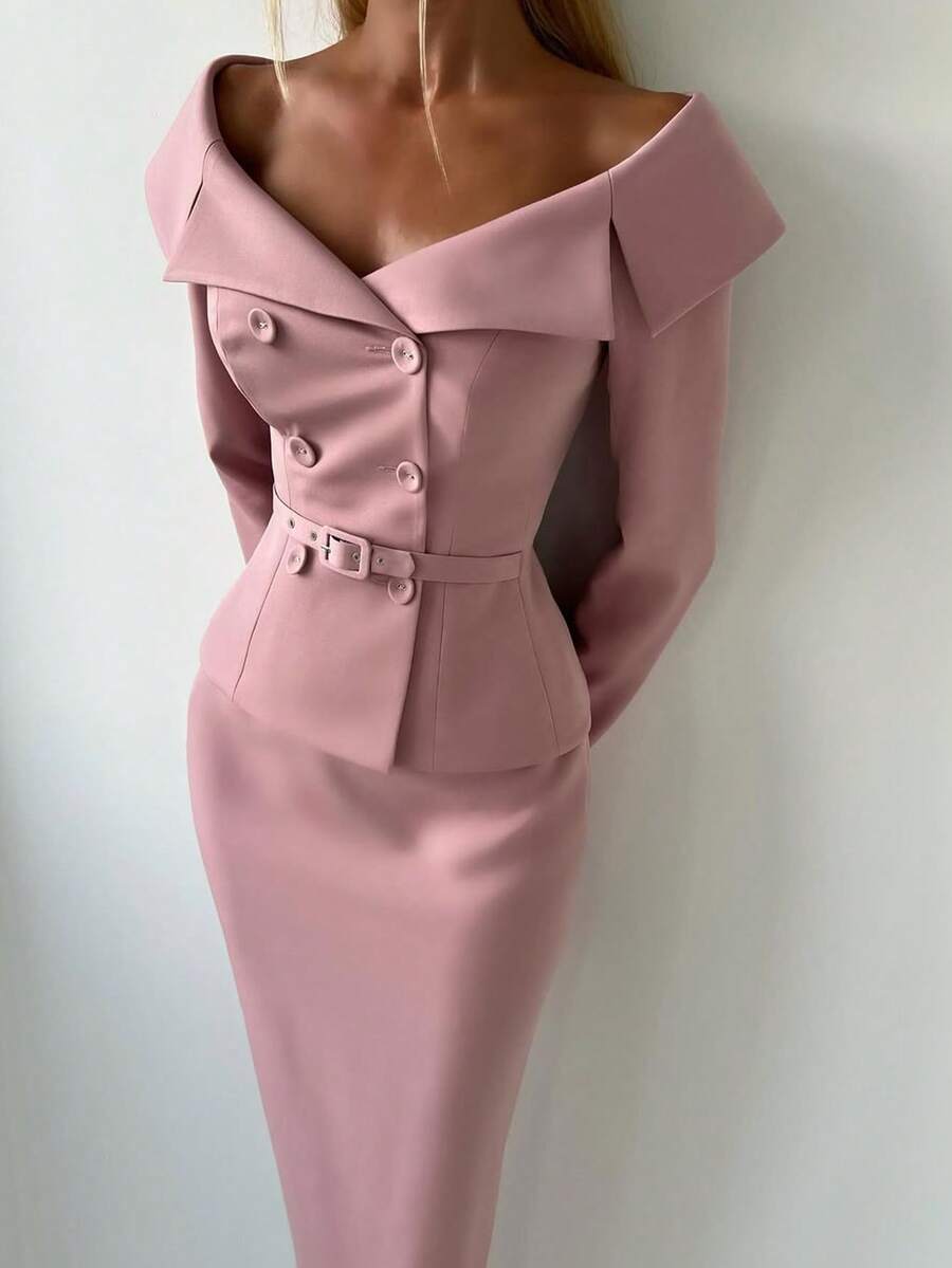 Women's Elegant Sexy Fitted Double-Breasted Belted Off Shoulder V-Neck Blazer Jacket, Suitable For Commuting, Dating, Parties, Street Photography And Other Occasions - Pink - View 1