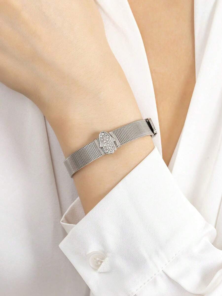 1pc Stainless Steel Silver Full Metal Fatima Hand Bracelet, Suitable For Daily Wear - Silver - View 1