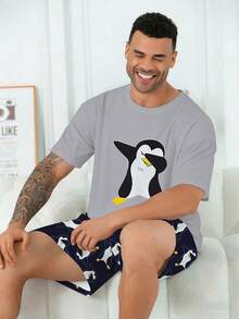 Bộ đồ ngủ nam cỡ lớn | Áo tay ngắn cổ tròn và quần short cạp chun kiểu dáng thường ngày | Vải dệt kim polyester mềm mại, thoáng khí, dáng rộng | Họa tiết chim cánh cụt dễ thương - Nhiều màu - Xem 5