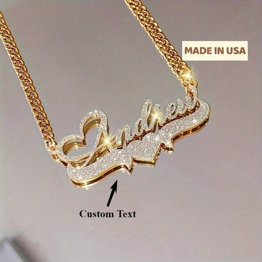 Customized Sparkling Matte Name Necklace Classic Retro Stainless Steel Men's Cuban Chain Thick Chain Pendant Charm Personalized Heart Letter Couple Necklace Wedding Jewelry Thanksgiving Christmas Gift For Father And Mother - Nhiều màu - Xem 1