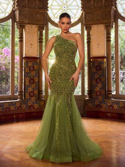 Faeriesty Vestido de noche formal elegante de un solo hombro para mujer, completamente adornado con decoración de lentejuelas, con detalles de malla transparente, diseño de silueta de sirena, ajuste ceñido, adecuado para eventos de gala, alfombra roja, bailes de lujo, bodas formales y talla grande