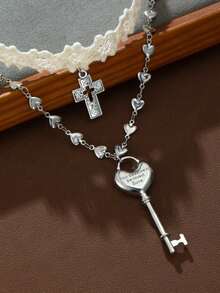 2件套 Y2K 白色蕾丝交叉带钥匙项链，女士甜美酷炫爱心双层项链，时尚派对饰品礼物 - 項鍊 - 查看 8