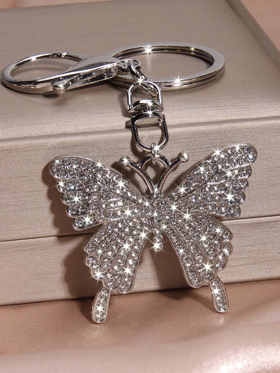 1pc Elegant Butterfly Fully Rhinestone Keychain Pendant - Silver - View 1