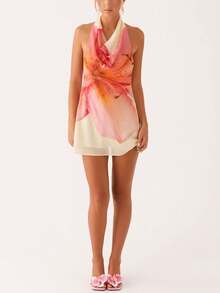Women Floral Print Halter Backless Sleeveless Mini Dress, Resort Dresses For Women,Vacation Outfits ,Sexy Outfits For Women,,Bohemian Clothes Vacation Dress,Suitable For Going Out, Concert, Party, Club Outfits, Date, Night Out,Vacation ,Beach Outfits,Garden Wedding Guest Dress, Elegant Dress For Women,Valentine's Day,For Autumn And Winter,Sexy Elegant Party,Graduation,Prom,Luxury Evening, National Day, New Year Clothes, Going Out Outfit, - 粉色 - 查看 5