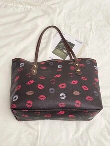 1pc Coffee Brown Metallic Rivet Decor Contrast Color Large Capacity PU Tote Bag, Women Shoulder Bag For Winter - Coffee Brown - View 4