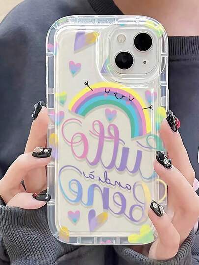 1pc Transparent Rainbow Colorful Letter Airbag Shockproof Full Coverage Phone Case Protective Cover For IPhone11/12/13/14/15/16/17/PROMAX