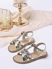1 Pair Girl's Fashion Versatile Shiny T-Strap Flat Sandals, Suitable For Summer, Vacation, Wedding, Stage, Daily Wear - Gold - View 1